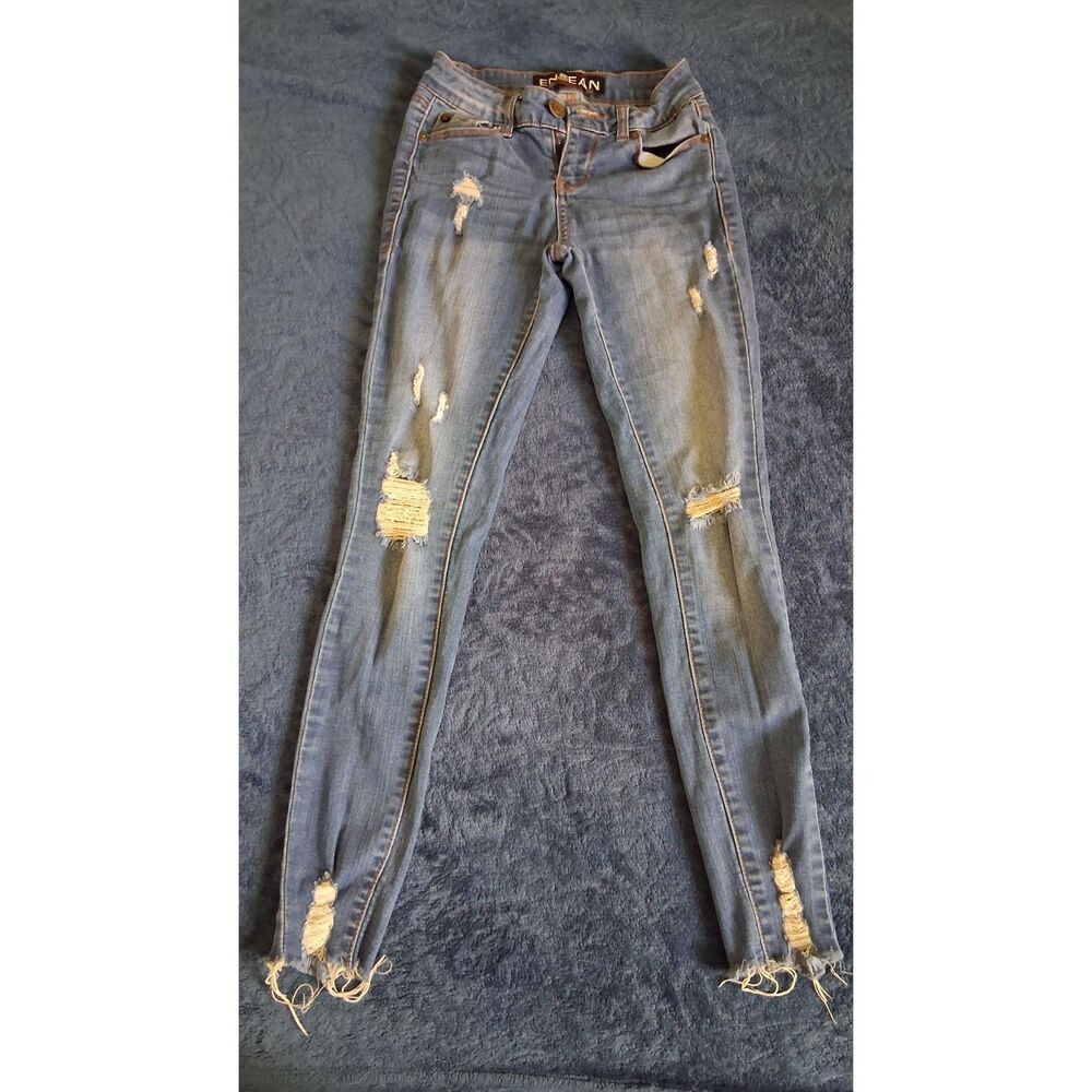 Enjean Womenâs Size 00 Distressed Skinny Jeans Medium Wash Stretch Raw Hem